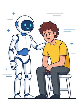 Artificial Intelligence Robot Providing Emotional Support and Comfort to a Sad Crying Young Man Illustration