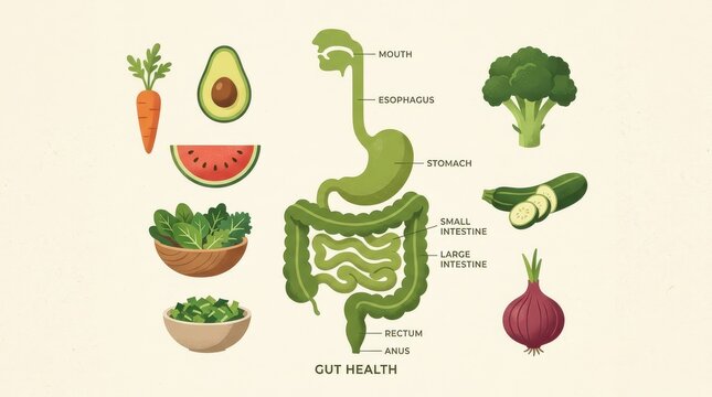 Gut Health Infographic Illustration with Human Digestive System and Healthy Vegetables and Fruits for Nutrition Concept