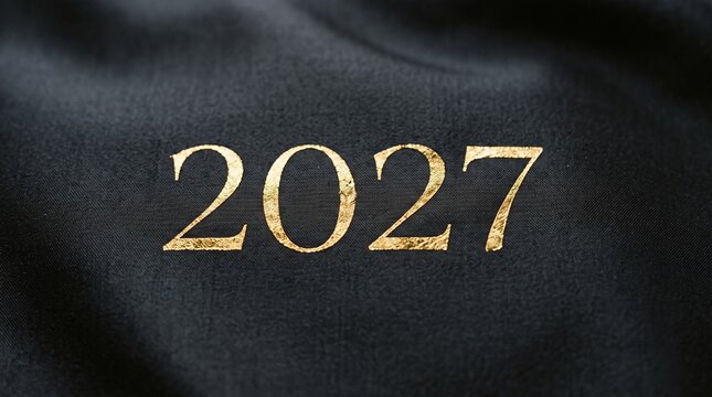 Elegant gold numbers 2027 displayed against a soft, dark black textured satin fabric background, perfect for New Year celebration graphics and luxury event invitations.