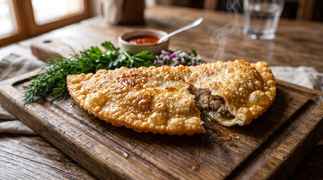 Hyper Realistic 9K Low Angle Close Up Crimean Tatar Chebureki Fried Meat Pastry Food Photography
