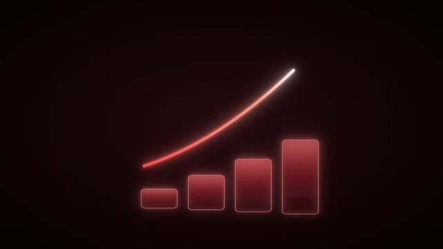 Neon glowing graph showing growth and success with ascending bars and a curved trend line representing financial rise in dark theme background