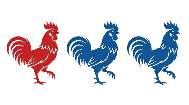 Set of Stylized Rooster Vector Illustrations in Red and Blue Colors, Gallic Cockerel Icons for Logo and Design