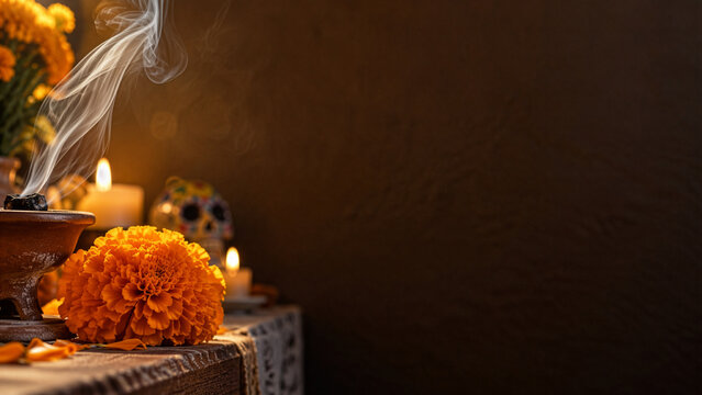 Copal Incense Smoke beside Marigolds with Dark Copy Space