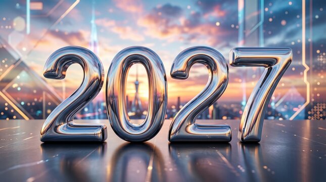 Metallic 3D numbers 2027 standing on a reflective surface against a vibrant sunset sky and futuristic city digital overlay, signifying the upcoming new year and technological progress.