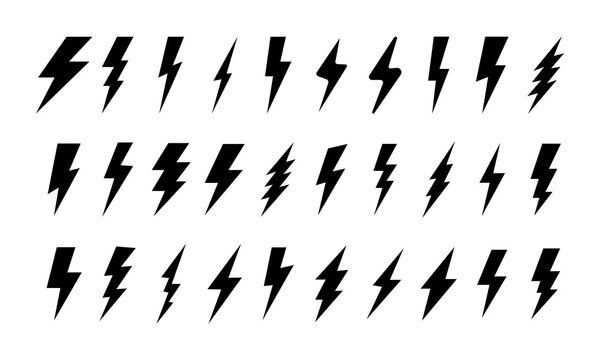 Collection of black lightning bolt symbols for power, energy, or speed concepts in graphic design, abstract icons for websites and apps.