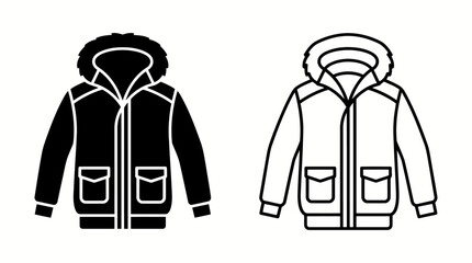 Two black silhouettes of winter parkas with fur lined hoods are displayed against a white background silhouette © arfan
