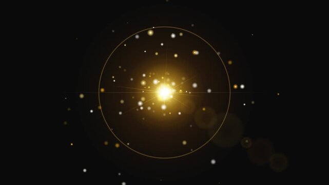 Golden lens flare explosion with floating spark particles and thin circular halo ring on black background