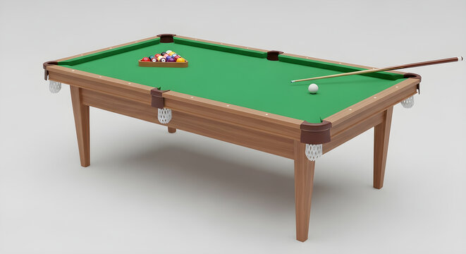 Classic Wooden Billiards Pool Table with Green Felt Surface Featuring Arranged Balls and Cue Stick for Indoor Gaming Recreation and Leisure Activity
