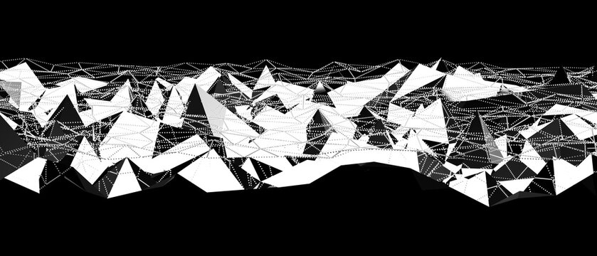 Futuristic abstract mountain range with connecting lines and dots symbolizing data