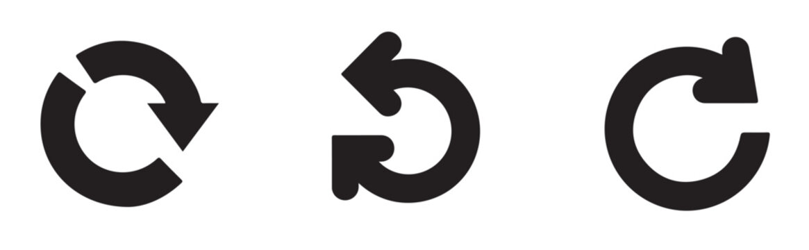 Set of black cycle reload and rotate arrows isolated on transparent background for web interface control buttons.