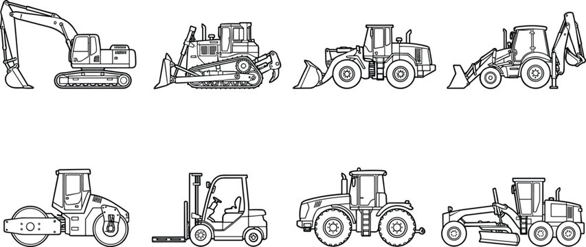 Set of construction machinery icons, including excavator, bulldozer, loader, backhoe, road roller, forklift, tractor, and grader
