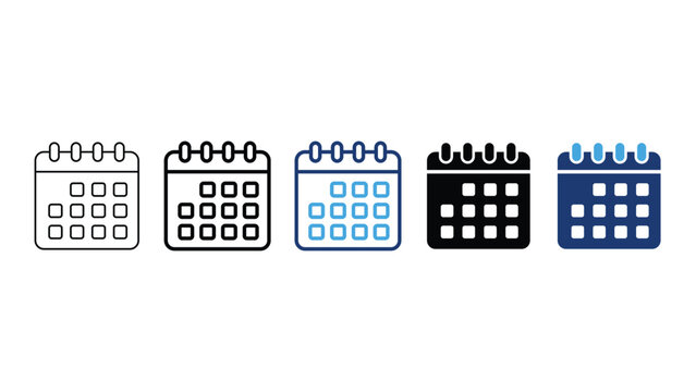 Set of calendar icons in different styles line, outline and filled designs schedule, date, time vector collection