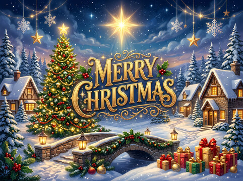 Merry christmas text over a winter village scene with illuminated trees