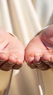Close-up of male hands with stigmata wounds on open palms, wearing white religious robes, spiritual concept. Cinematic style.