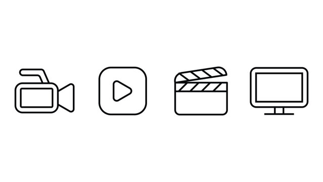 Set of four simple line icons representing video production, media playback, film clapperboard, and television screen