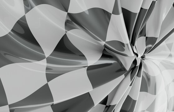 Close up of a distorted checkered flag pattern with a fluid, wavy texture.