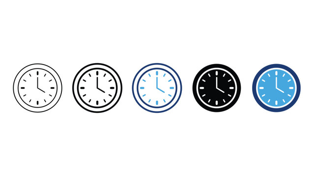 Set of five clock icons in different styles, outline, solid, and filled designs, perfect for time management concepts