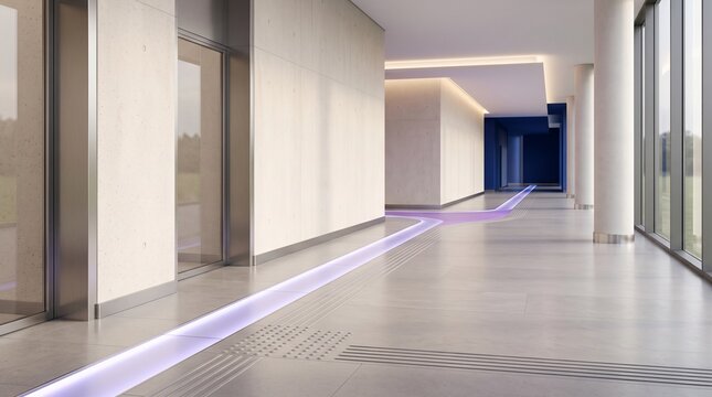 Modern illuminated hallway with glowing floor navigation light strip office building public space hallway lighting interior design corridor interior lighting navigation architecture spacious