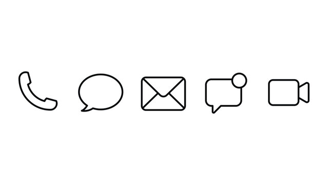 Set of communication icons including phone, chat bubble, email, notification, and video call symbols