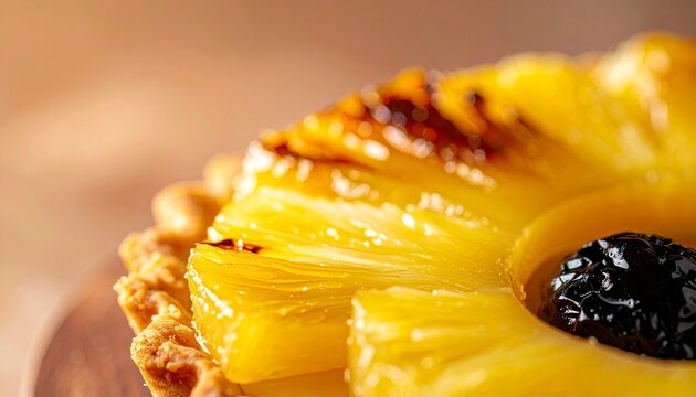 Close up caramelized fruit tart slice. Golden traditional french tarte aux ananas or pineapple tart baked pastry showing rich sweet texture.