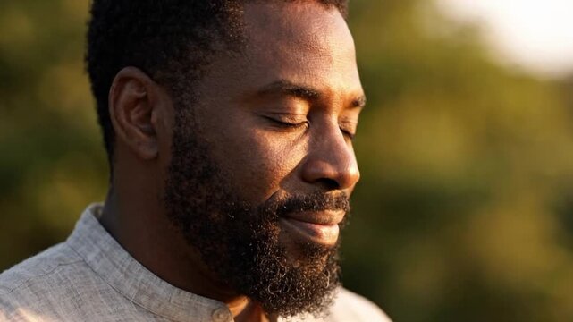 Afro American man with closed eyes enjoying a moment of reflection outdoors in natural light