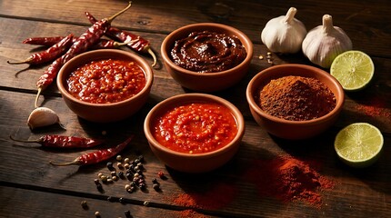 Fototapeta premium Bowls of spicy red and dark sauces with chili peppers garlic and lime on a rustic dark wooden table. marinade variations