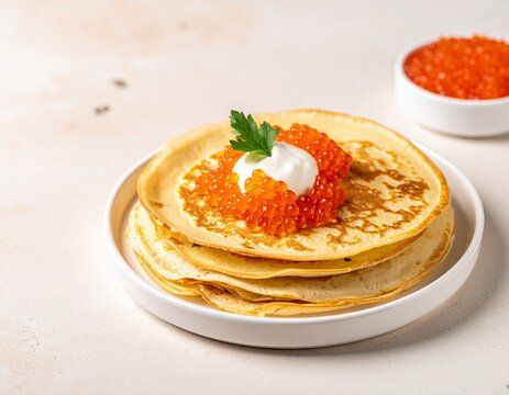 Stacked small pancakes with rich red caviar. Authentic savory russian blini topped with salmon caviar and smetana sour cream on light plate.