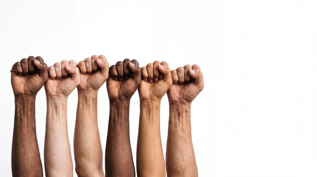 Diverse raised fists for human rights day and equality movement