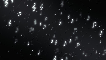 music notes and glowing star lights flying on dark background ,song, black and white music and concert stream social media background © AIDIN
