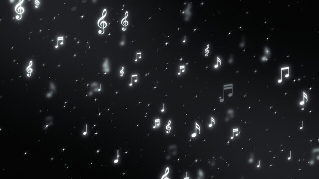 music notes and glowing star lights flying on dark background ,song, black and white music and concert stream social media background