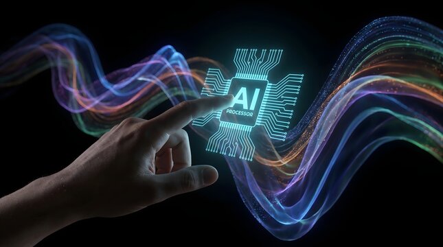 A human hand touching a glowing cyan AI processor chip with colorful abstract light waves.