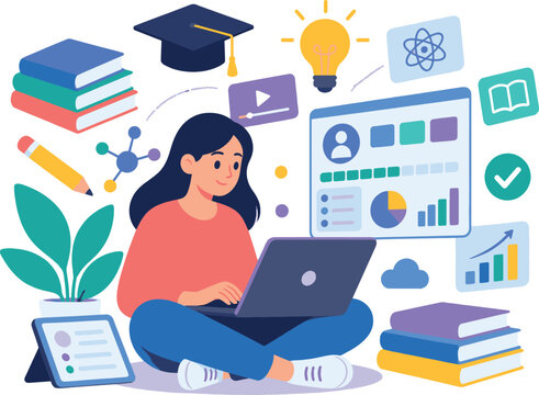 Student girl studying online on laptop with digital education elements vector illustration   