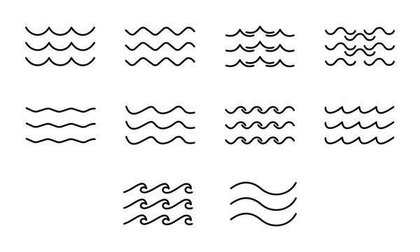 Set of wavy lines representing water or waves in different styles, perfect for ocean themes, weather icons, and abstract backgrounds.