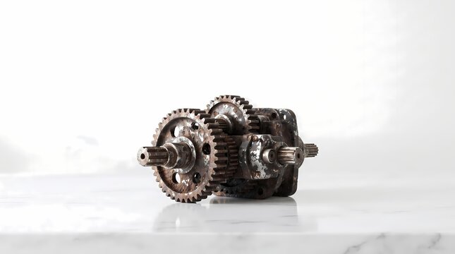 Rusted industrial gear mechanism on clean marble surface for equipment maintenance, system failure, and outdated machinery concept