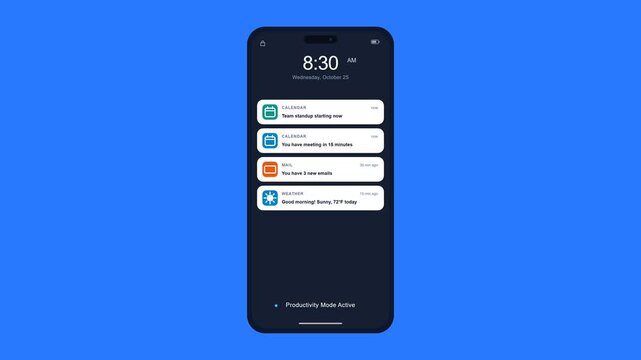 Smartphone Lock Screen Displaying Multiple Push Notification Banners on Chroma Blue Screen Background for Mobile Technology Presentation