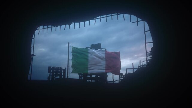Italian Flag Waving Amid Ruined Building Under Dramatic Stormy Sky