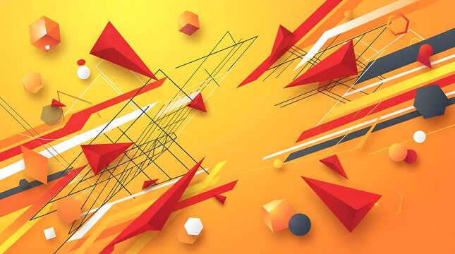 Colorful geometric shapes and mathematical symbols arranged on vibrant orange background