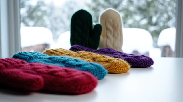 Cozy knitted mittens in a row on a white table with snowy winter window background