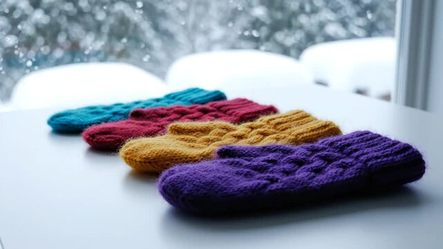 Cozy knitted mittens in a row on a white table in a light-filled room with a snowy background
