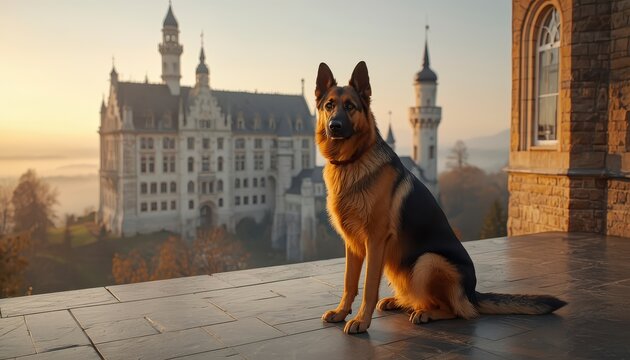 German shepherd dog sitting on stone terrace in front of historic European castle at sunrise