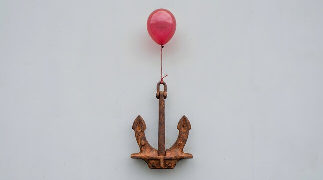Rusted iron anchor lifted by a single red balloon against a white wall visualizing impossible solutions for innovative problem solving presentations