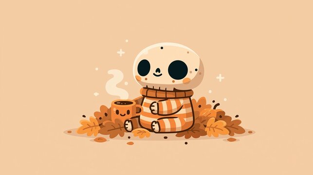 A cute skeleton wearing striped pajamas sits in a pile of autumn leaves, holding a steaming cup of coffee.