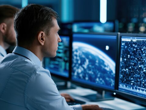 Aerospace analysts examining satellite telemetry and Earth observation data on multiple monitors in a contemporary control center with blue and neutral lighting