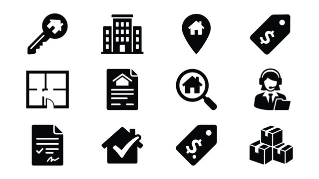 Set of twelve icons representing real estate and property management services