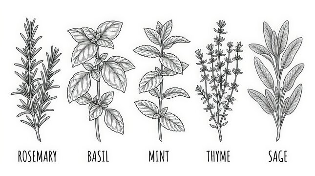 Hand Drawn Culinary Herbs Set with Rosemary, Basil, Mint, Thyme, and Sage in Vintage Engraved Botanical Illustration Style