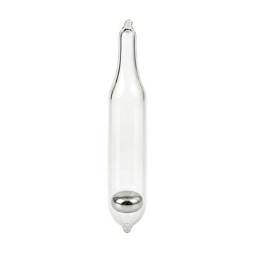 Glass alchemy ampoule with silver metallic drop isolated on transparent background PNG element