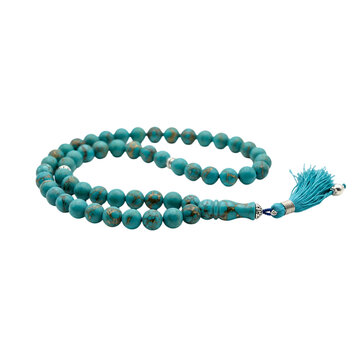 Turquoise misbaha beads are draped in a loose loop on a white background