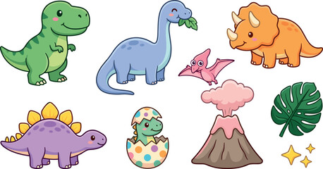 Obraz premium Cute Cartoon Dinosaurs Set with Volcano, Leaves, and Sparkling Stars