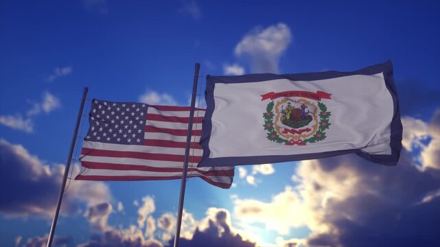 West Virginia State Flag and American Flag Waving Against Dramatic Sky