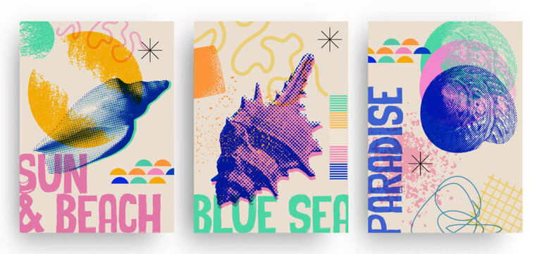 Colorful pop art style deco poster set with seashell and marine life in halftone collage texture, vector illustration. Ideal for print, card, fabric, banner, cover.